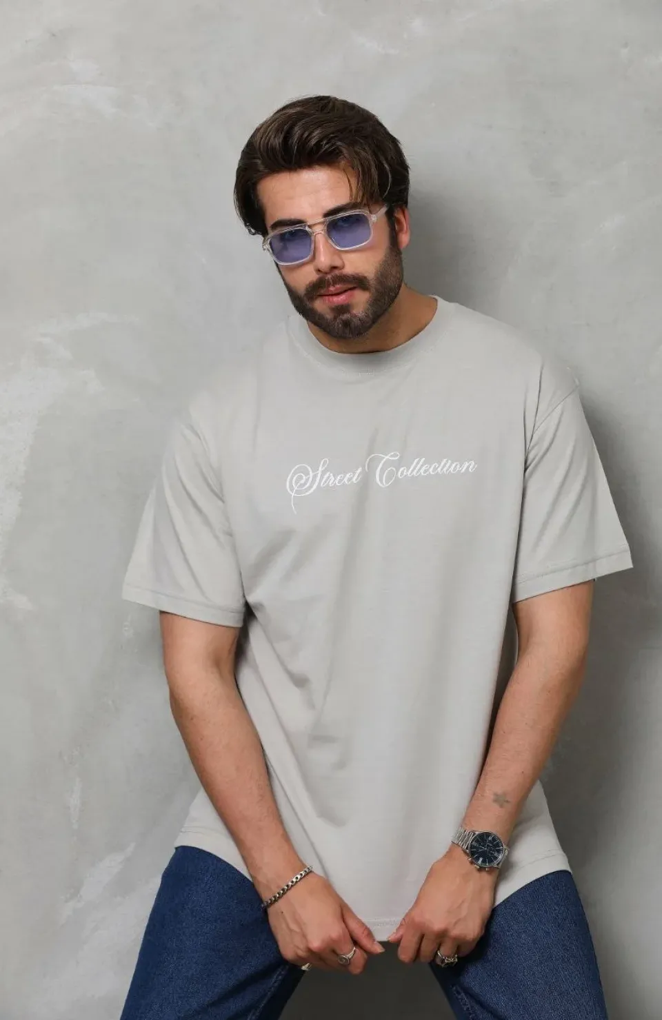 Unisex Bisiklet Yaka Baskılı Oversize T-Shirt - Gri Somersan Giyim | Kadın, Erkek ve Çocuk Moda