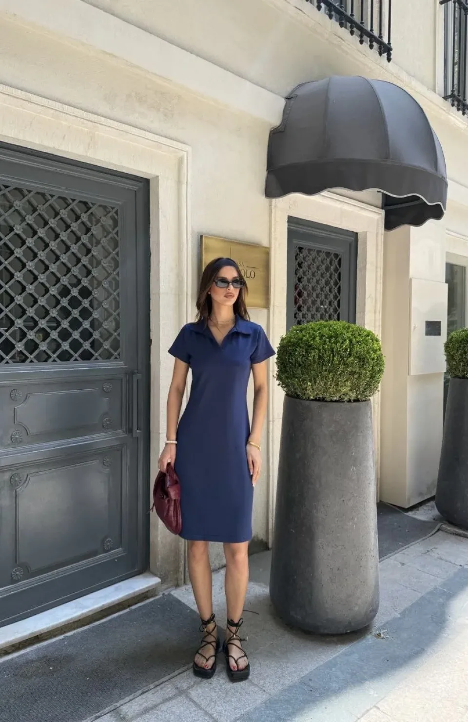 Osy Modal Yumuşak Dokulu Kumaş Yakalı Kısa Kollu Elbise - Mavi