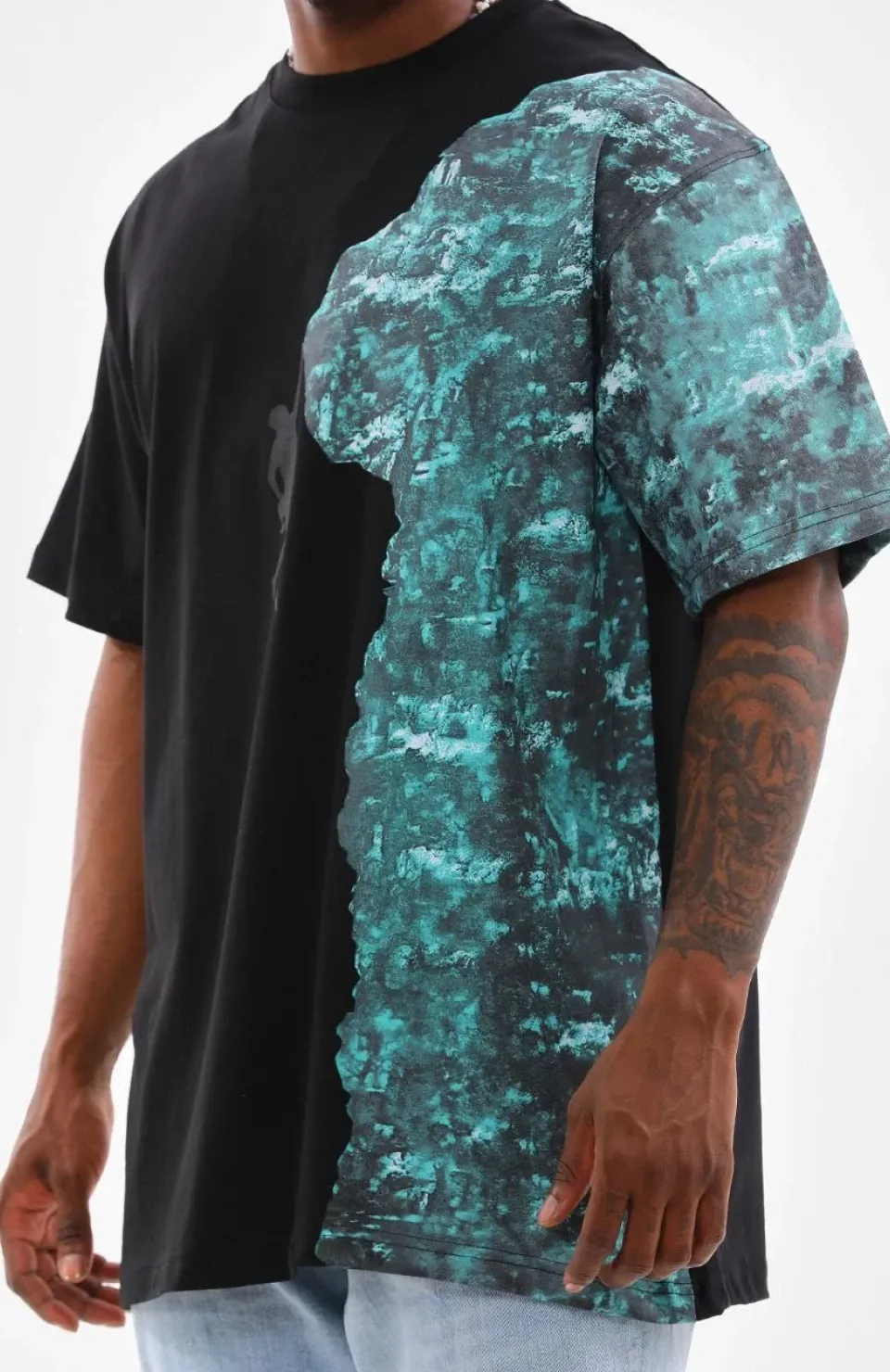 Unisex Bisiklet Yaka Baskılı Oversize T-Shirt - Siyah