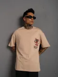 Erkek Sırt Baskılı A Kalite Oversize T-shirt - Bej