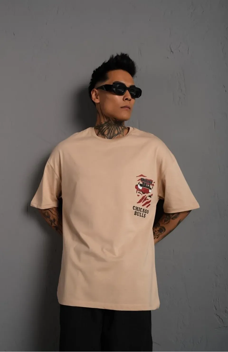 Erkek Sırt Baskılı A Kalite Oversize T-shirt - Bej