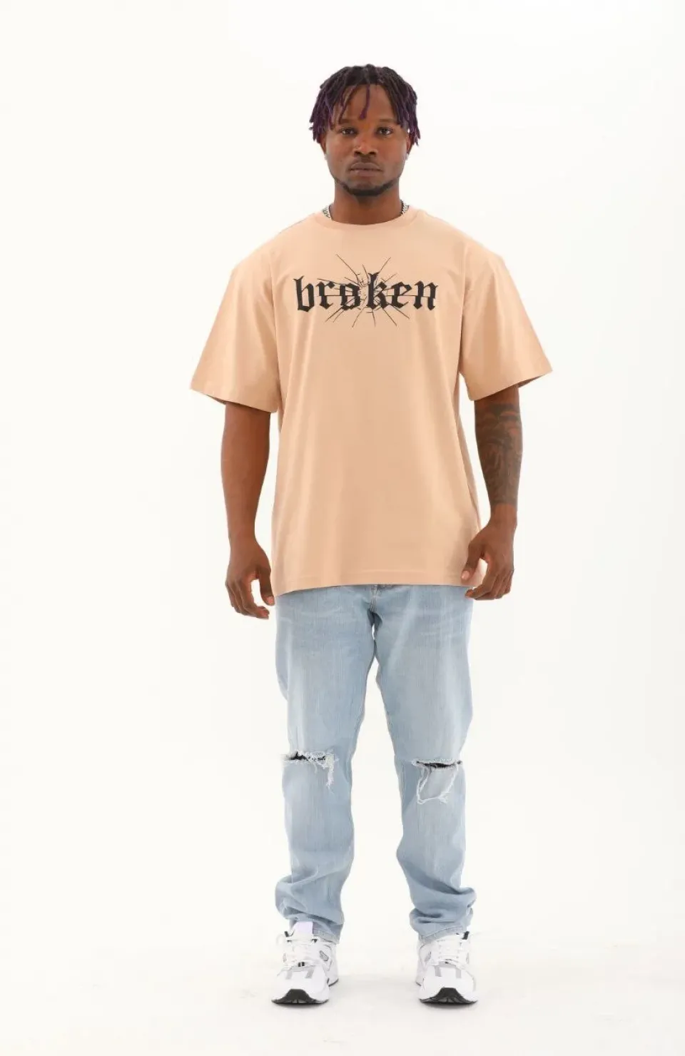 Unisex Oversize Baskılı Bisiklet Yaka T-Shirt - Bej