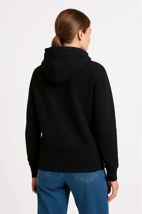 Kadın Üç İplik Kapüşonlu Kanguru Cepli Sweatshirt hoodie - Siyah