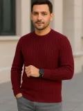 Erkek Bisiklet Yuvarlak Yaka Triko Kazak Pamuklu Kalın Fitilli Dokuma, Regular Fit Uzun Kollu Kışlık Model - Bordo