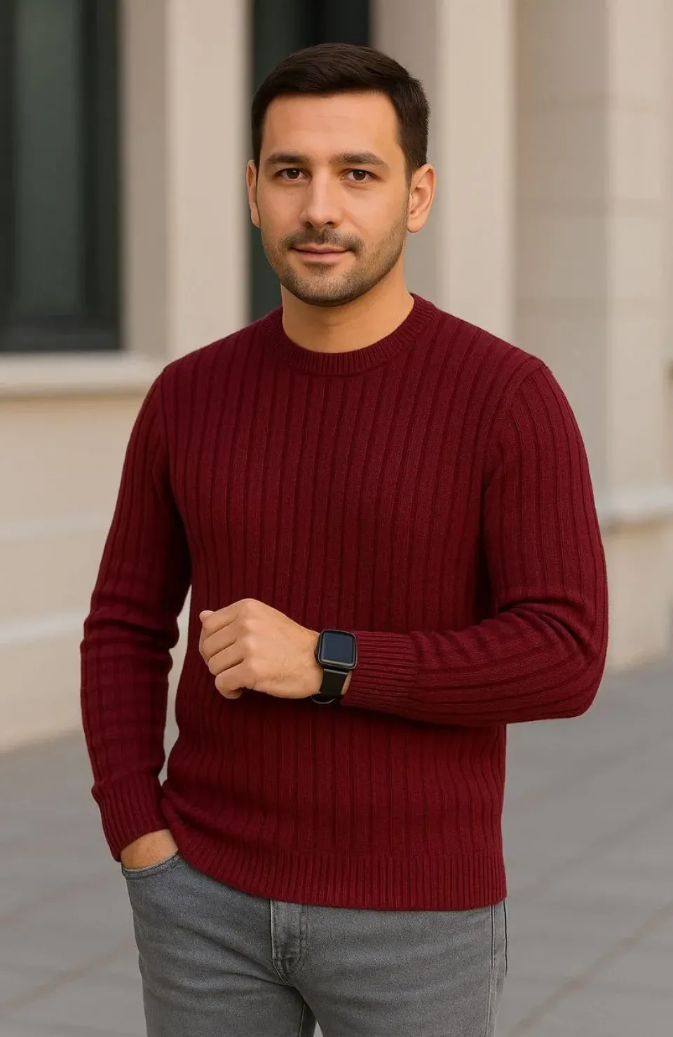 Erkek Bisiklet Yuvarlak Yaka Triko Kazak Pamuklu Kalın Fitilli Dokuma, Regular Fit Uzun Kollu Kışlık Model - Bordo