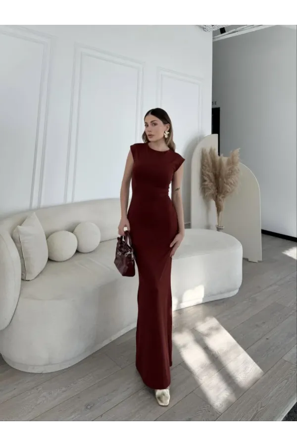 Kolsuz Uzun Likralı Elbise - Bordo