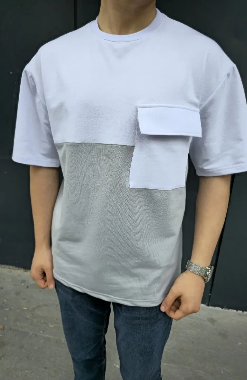 Unisex Torba Cep Detaylı Parçalı T-Shirt - Gri