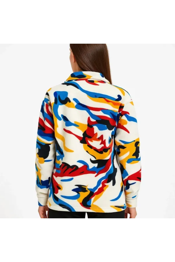 Kadın Yarım Fermuarlı Desenli Polar Sweat – Renkli Abstract Desen Yakalı, Uzun Kollu, Oversize Rahat Kalıp - Beyaz