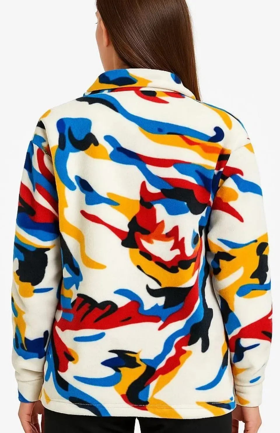 Kadın Yarım Fermuarlı Desenli Polar Sweat – Renkli Abstract Desen Yakalı, Uzun Kollu, Oversize Rahat Kalıp - Beyaz