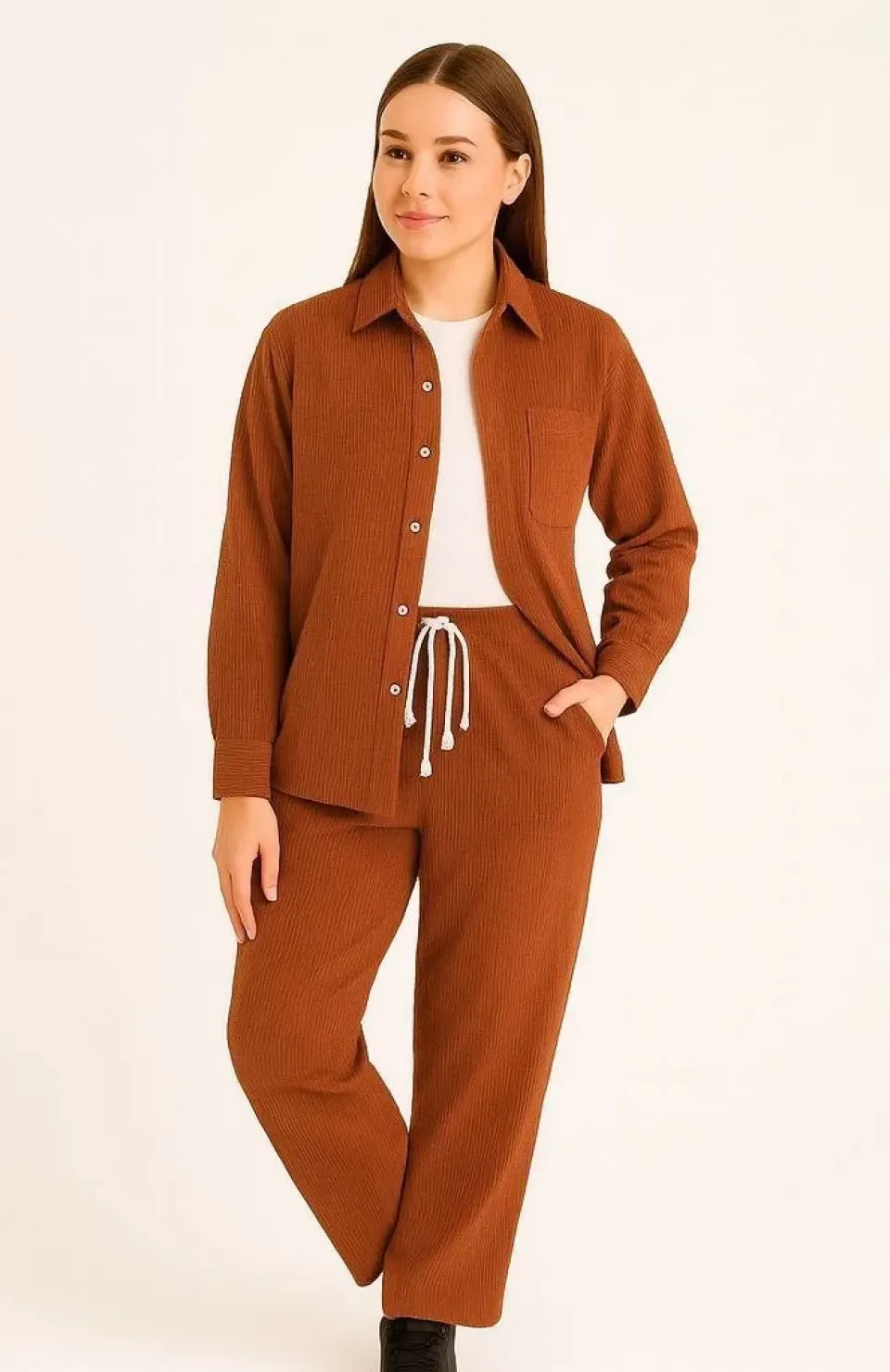 Kadın Kadife Oversize Takım – Gömlek ve Pantolon İkili Set Füme Corduroy Şıklığı, Rahat ve Zarif Duruş Yumuşak Dokulu Kadife Kumaş, Düğmeli Gömlek Üst ve Lastikli Pantolon Alt Parça ile Gün Boyu Konfor- Kiremit