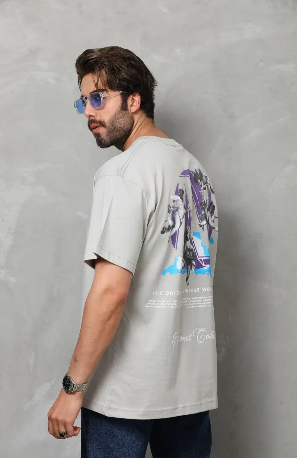 Unisex Bisiklet Yaka Baskılı Oversize T-Shirt - Gri Somersan Giyim | Kadın, Erkek ve Çocuk Moda