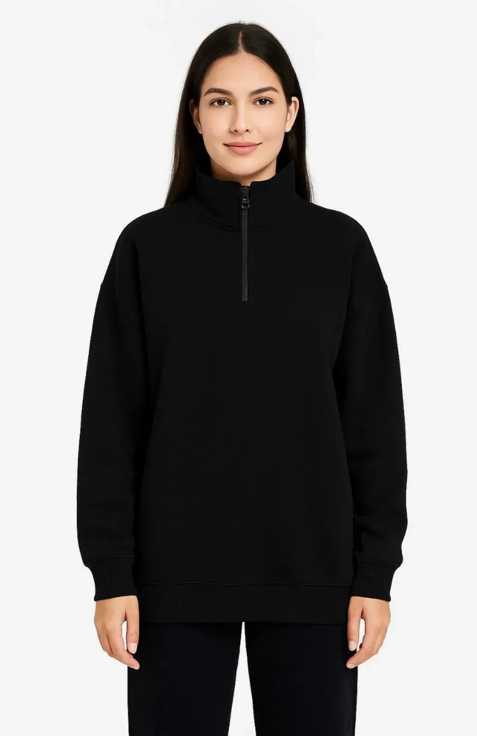 Kadın Üç İplik Dık Yaka Yarım Fermuarlı SweatShirt - Siyah