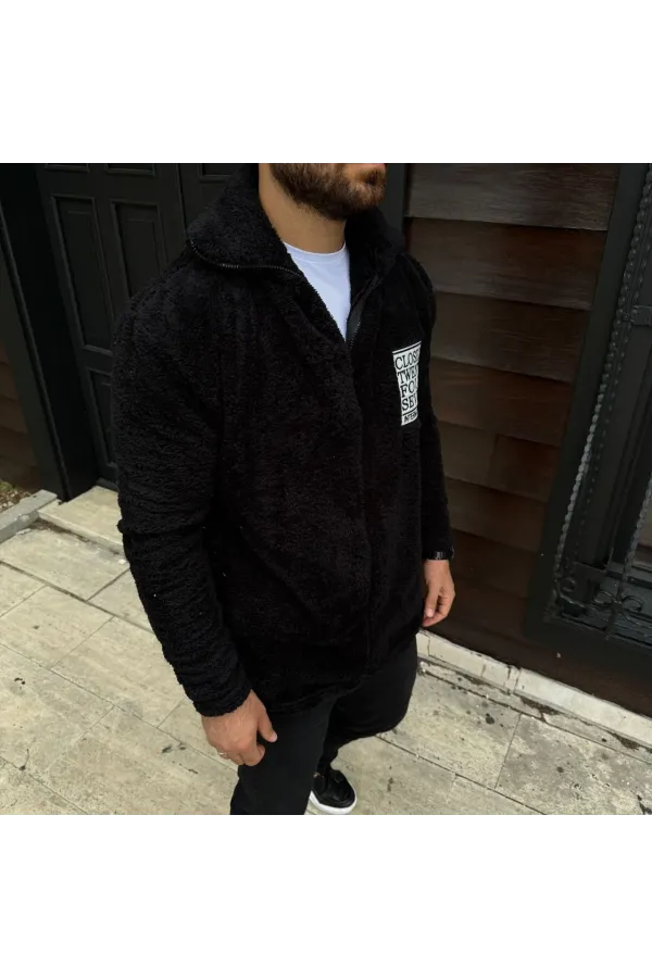 Erkek Polar Fermuarlı Sweatshirt – Kapüşonsuz, Cepli, Yumuşak Dokulu, Oversize Rahat Kalıp, Kışlık Sıcak Tutan Fermuarlı Üst - Siyah