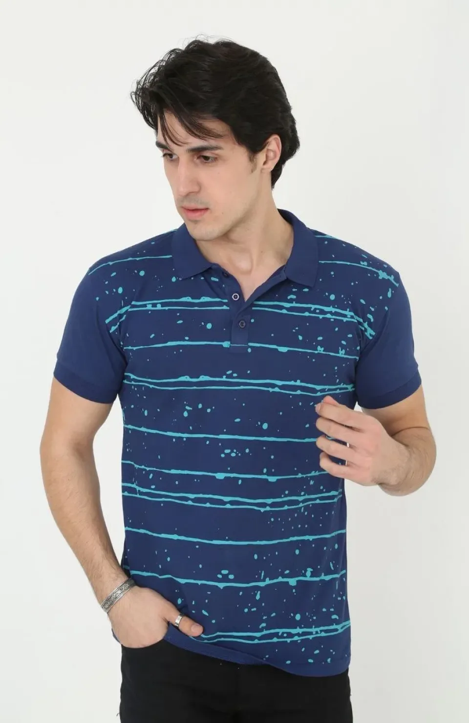 Erkek Yakalı Slim Fit Pike Çizgili T-Shirt - Mavi