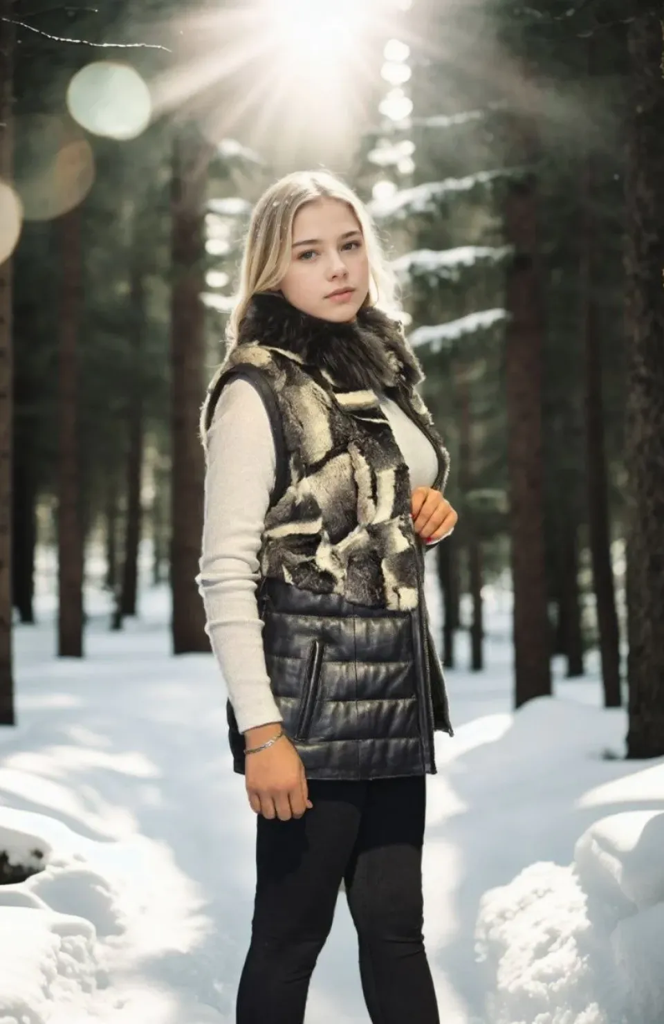 Kadın Kolsuz Hakiki Deri Kürk - Siyah