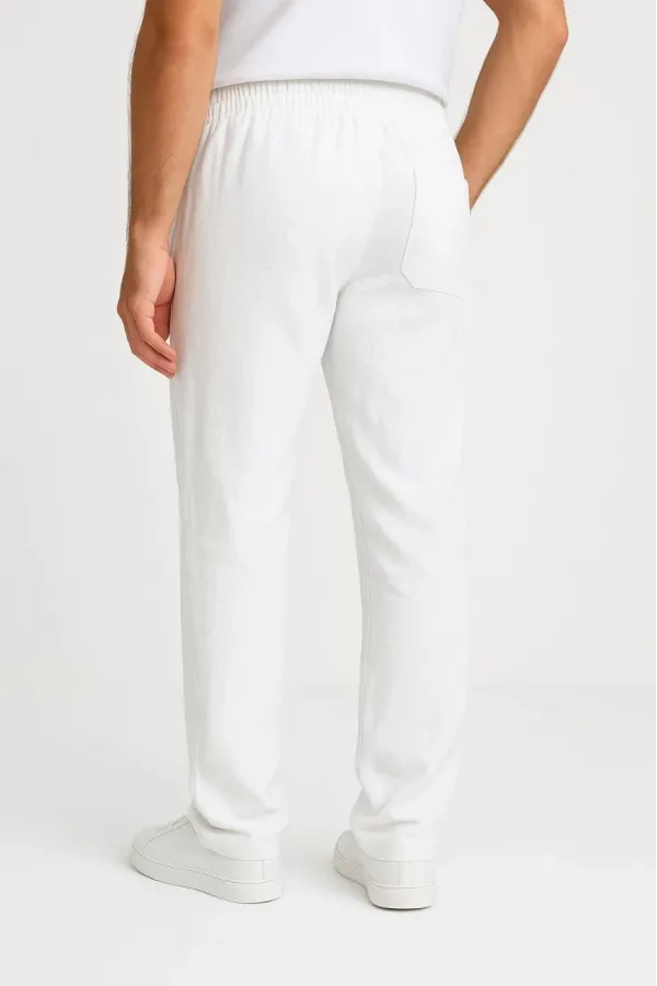 Erkek Keten Pantolon – Cepli, Beli Lastikli ve Bağcıklı, Nefes Alan Rahat Kalıp, Yazlık ve Baharlık Günlük Giyim, Şık & Konforlu Boru Paça Model - Beyaz