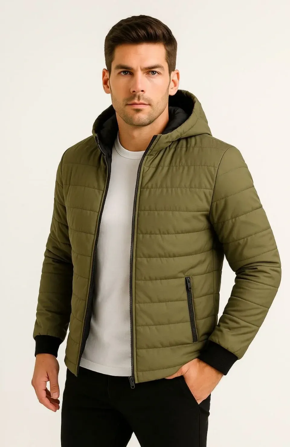 Erkek Şişme Kapüşonlu Fermuarlı Mont Su itici Kapitone Astarlı Kumaş Cepli Kışlık Rahat Kalıp - Haki Somersan Giyim | Kadın, Erkek ve Çocuk Moda