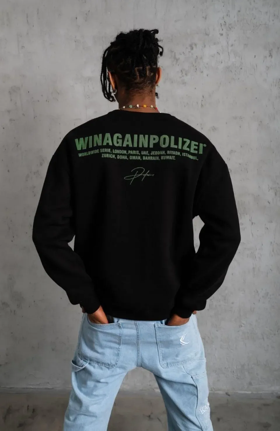 Erkek Oversize Sweatshirt – Siyah Renk | Ön ve Sırt Baskılı, Üç İplik İçi Pamuklu Kumaş, Rahat Kalıp, Ribanalı Kışlık Sweat | Winagain Polizei Serisi - Siyah