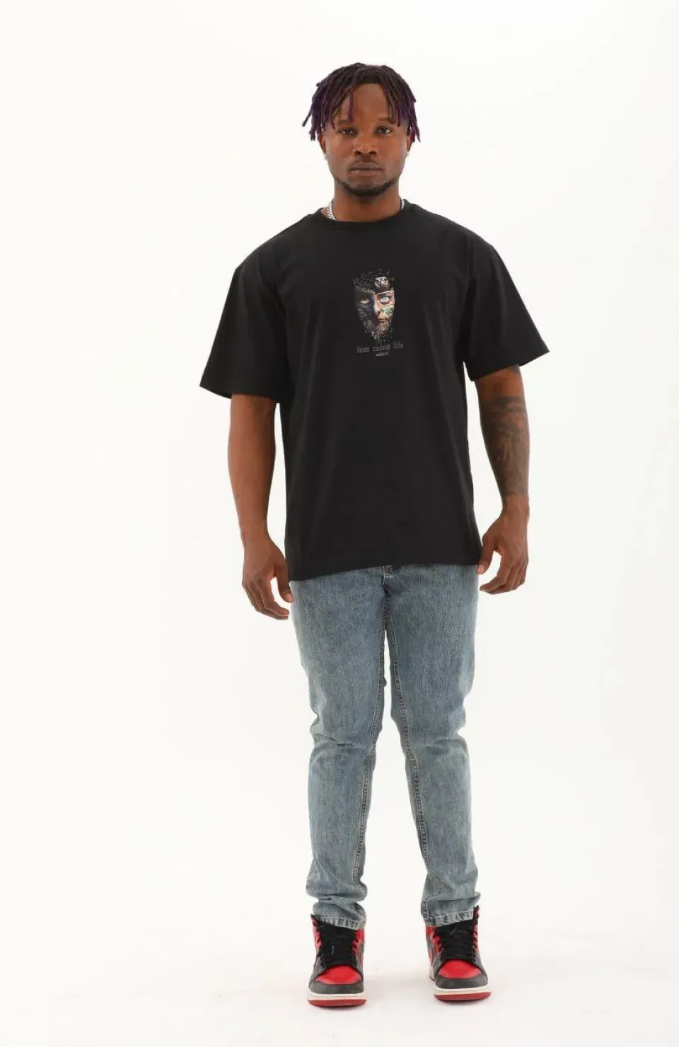 Unisex Oversize Baskılı Bisiklet Yaka T-Shirt - Siyah