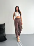 Kadın Yüksel Bel Rahat Boru Paça Pantalon - Kahverengi