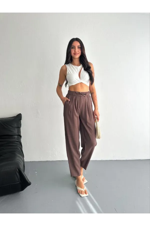 Kadın Yüksel Bel Rahat Boru Paça Pantalon - Kahverengi