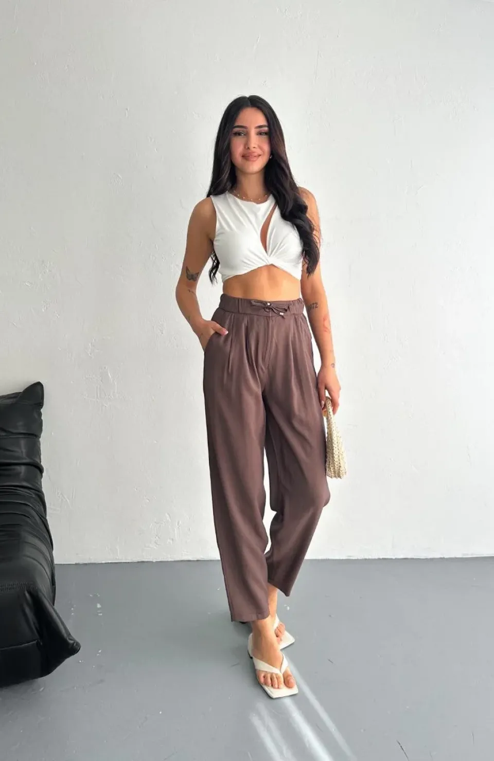 Kadın Yüksel Bel Rahat Boru Paça Pantalon - Kahverengi