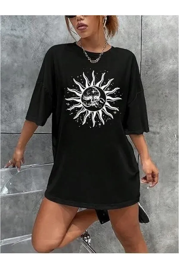 Kadın Bisiklet Yaka Baskılı T-shirt - Siyah