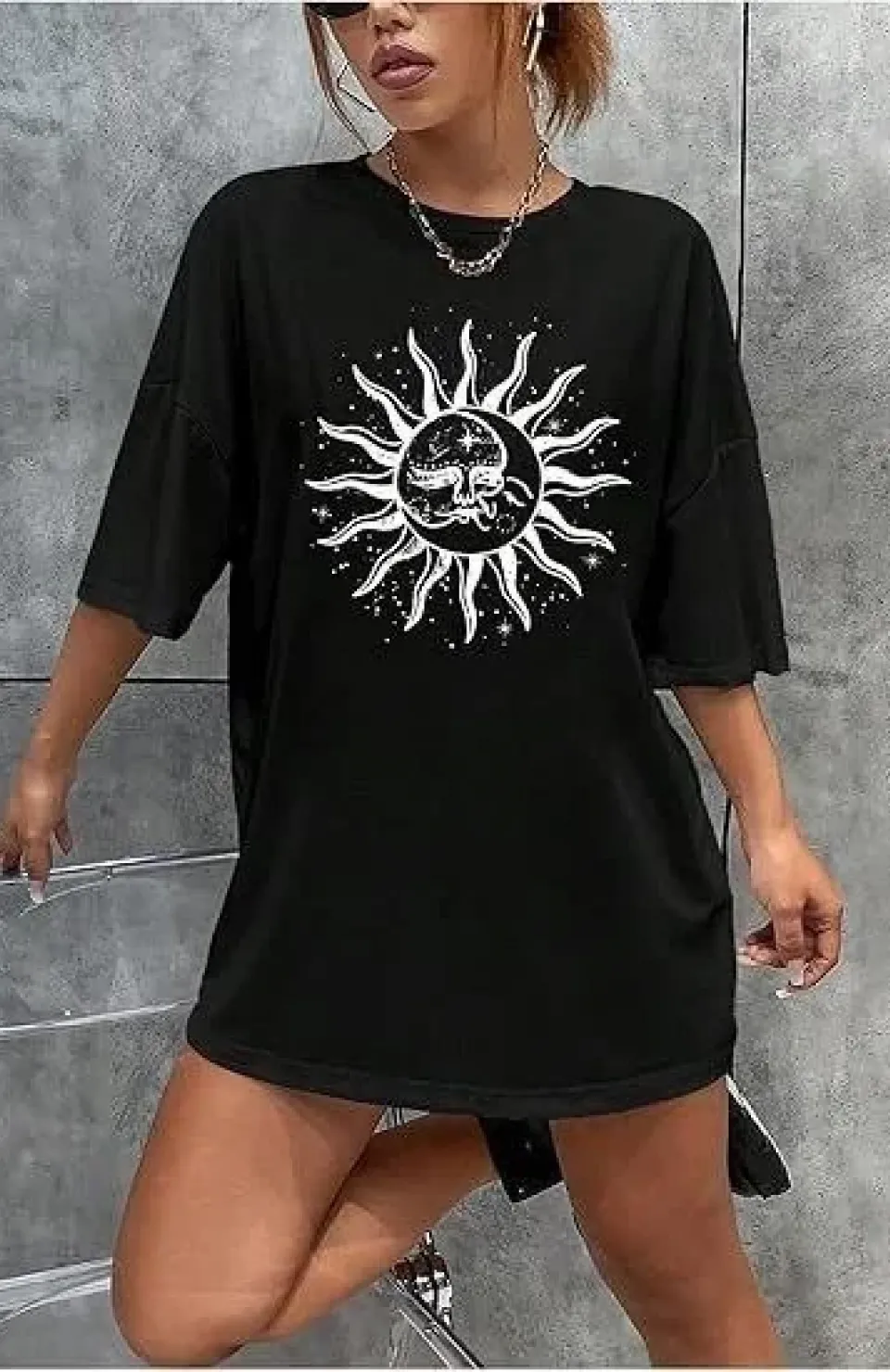 Kadın Bisiklet Yaka Baskılı T-shirt - Siyah