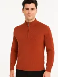 Erkek Yarım Fermuarlı Triko Kazak – Selanik Örgü, Dik Yaka, Pamuklu Dokuma, Regular Fit Uzun Kollu Kışlık Model - Kiremit
