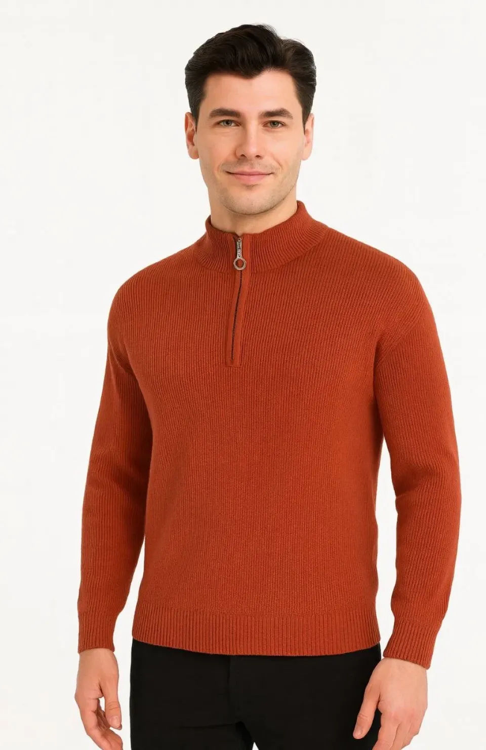 Erkek Yarım Fermuarlı Triko Kazak – Selanik Örgü, Dik Yaka, Pamuklu Dokuma, Regular Fit Uzun Kollu Kışlık Model - Kiremit