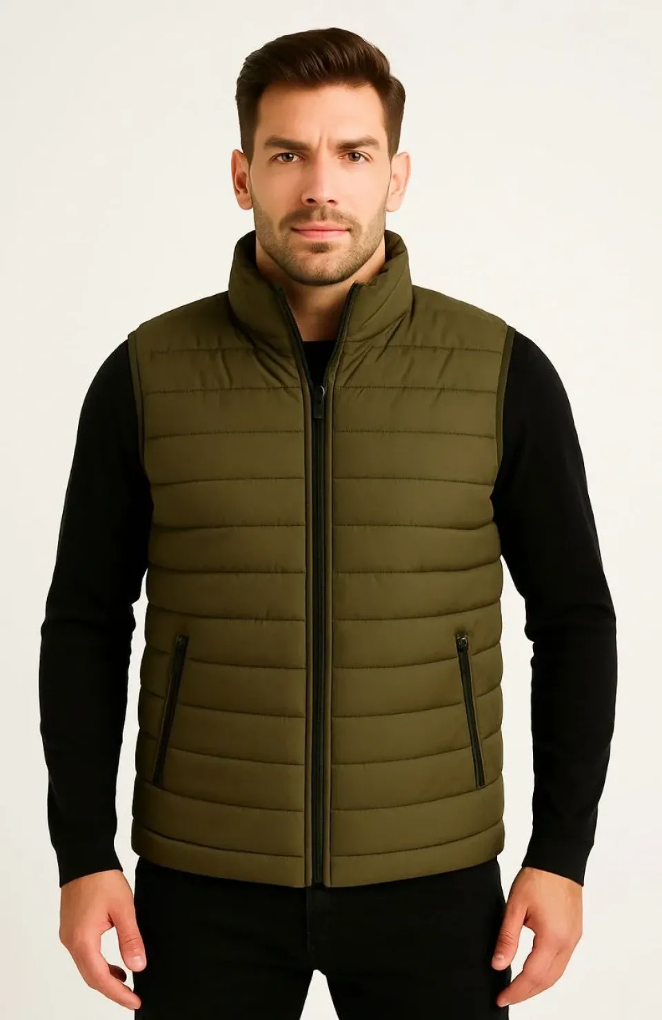 Erkek Şişme Fermuarlı Yelek Su itici Kapitone Astarlı Kumaş Cepli Hafif Kışlık Spor Rahat Kalıp - Haki Somersan Giyim | Kadın, Erkek ve Çocuk Moda