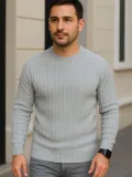 Erkek Bisiklet Yuvarlak Yaka Triko Kazak Pamuklu Kalın Fitilli Dokuma, Regular Fit Uzun Kollu Kışlık Model - Gri