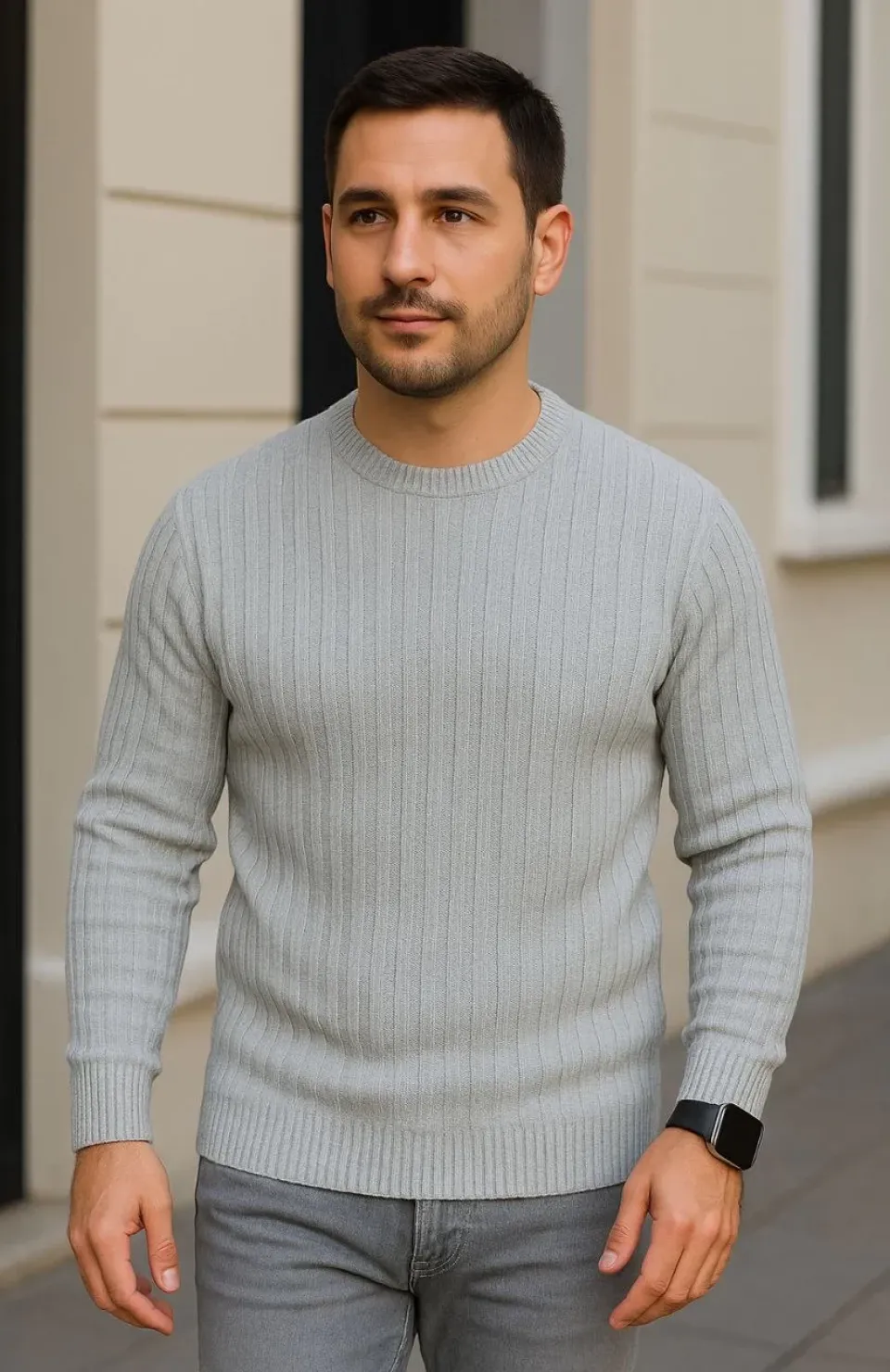 Erkek Bisiklet Yuvarlak Yaka Triko Kazak Pamuklu Kalın Fitilli Dokuma, Regular Fit Uzun Kollu Kışlık Model - Gri