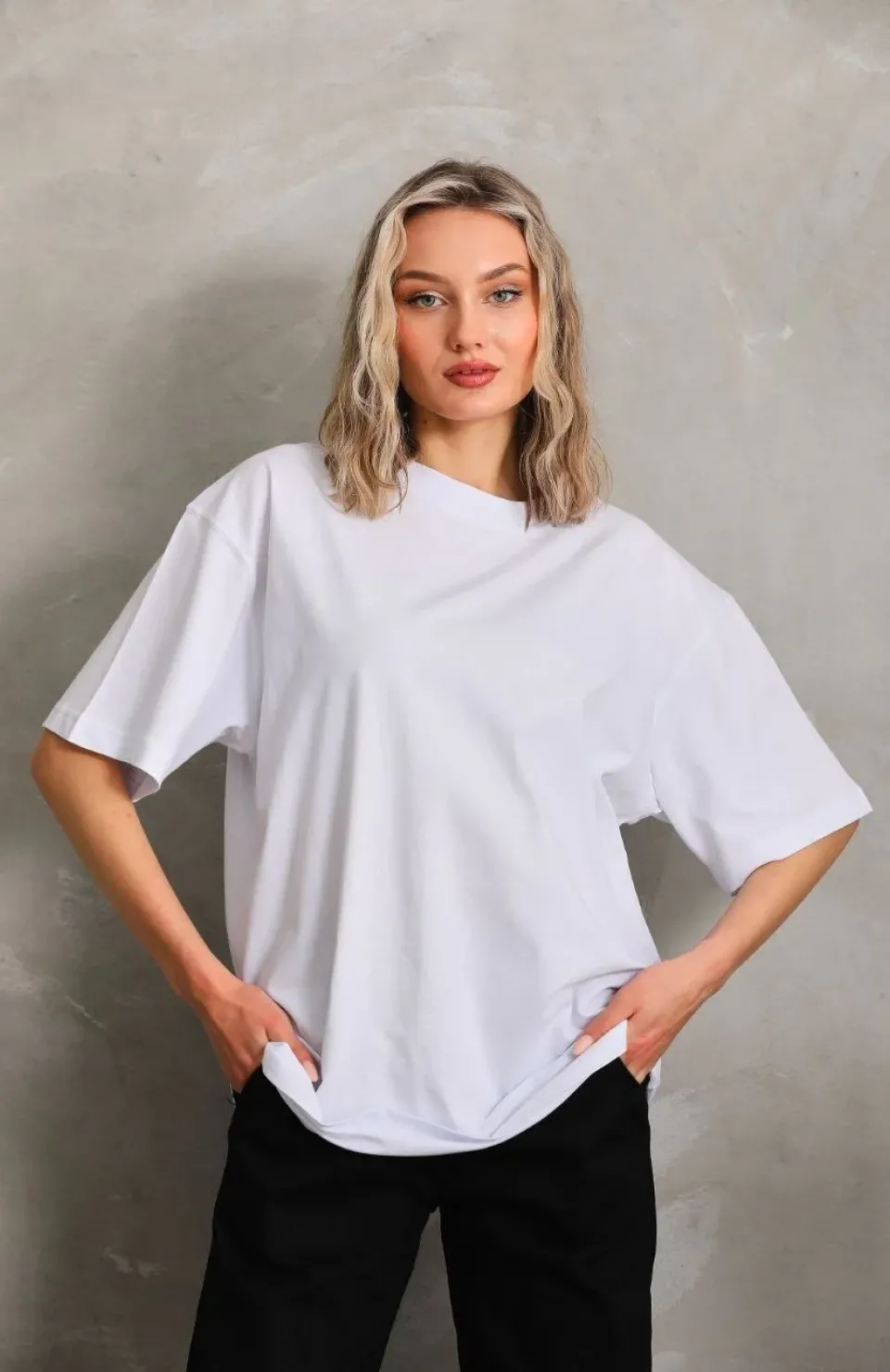 Unisex Bisiklet Yaka 20/1 Düz Oversize T-Shirt - Beyaz