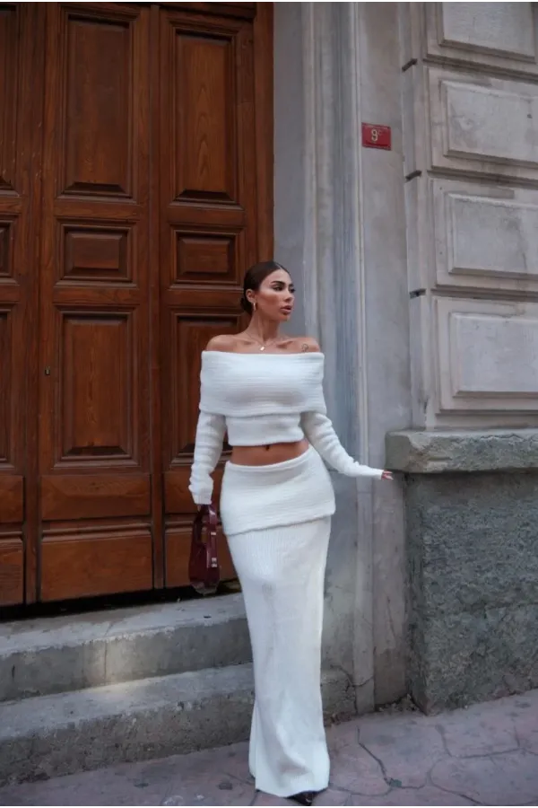 Straplez , Madonna , Carmen Yaka Croplu Uzun Etekli ikili Takım Triko - Beyaz