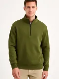 Erkek Dik Yaka Sweatshirt Dik Yaka Yarım Fermuarlı 3 İplik Şardonlu Pamuk Kumaş - Haki
