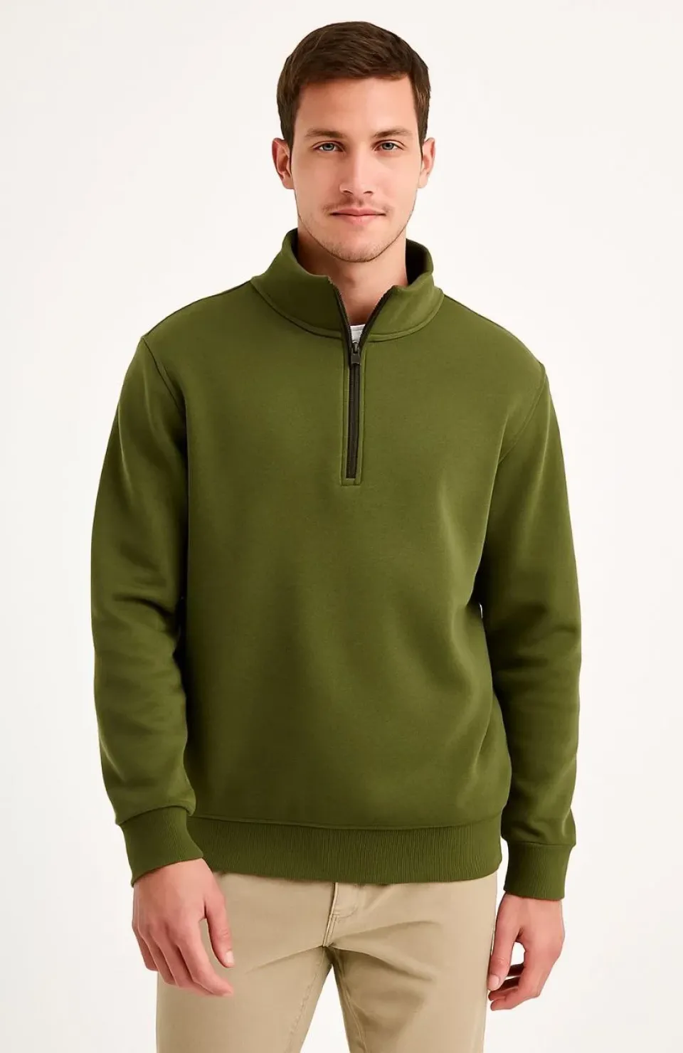 Erkek Dik Yaka Sweatshirt Dik Yaka Yarım Fermuarlı 3 İplik Şardonlu Pamuk Kumaş - Haki