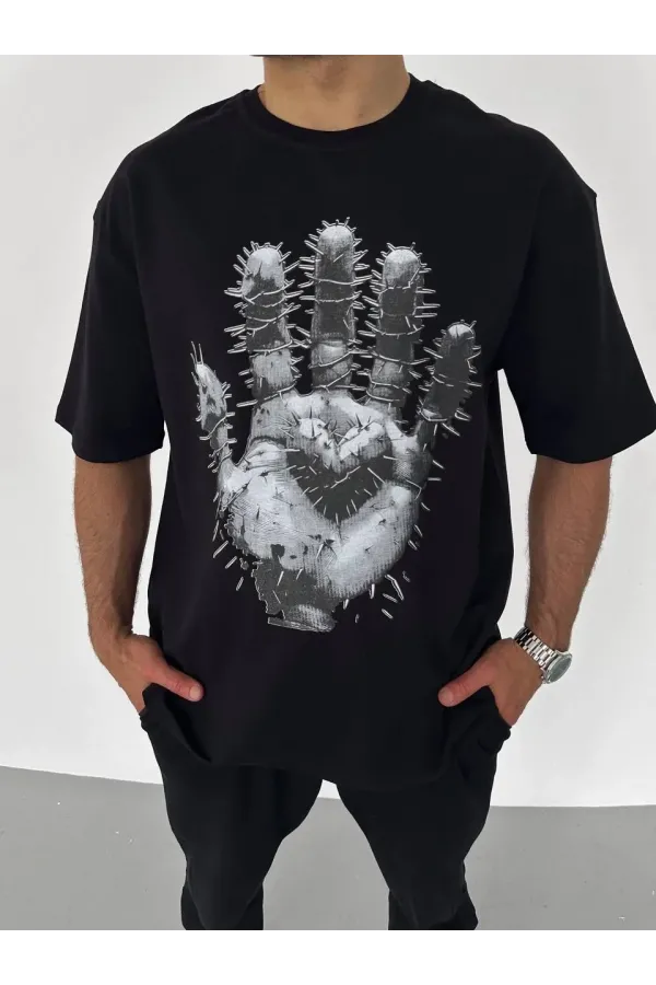 Unisex Bisiklet Yaka Baskılı Oversize T-Shirt - Siyah