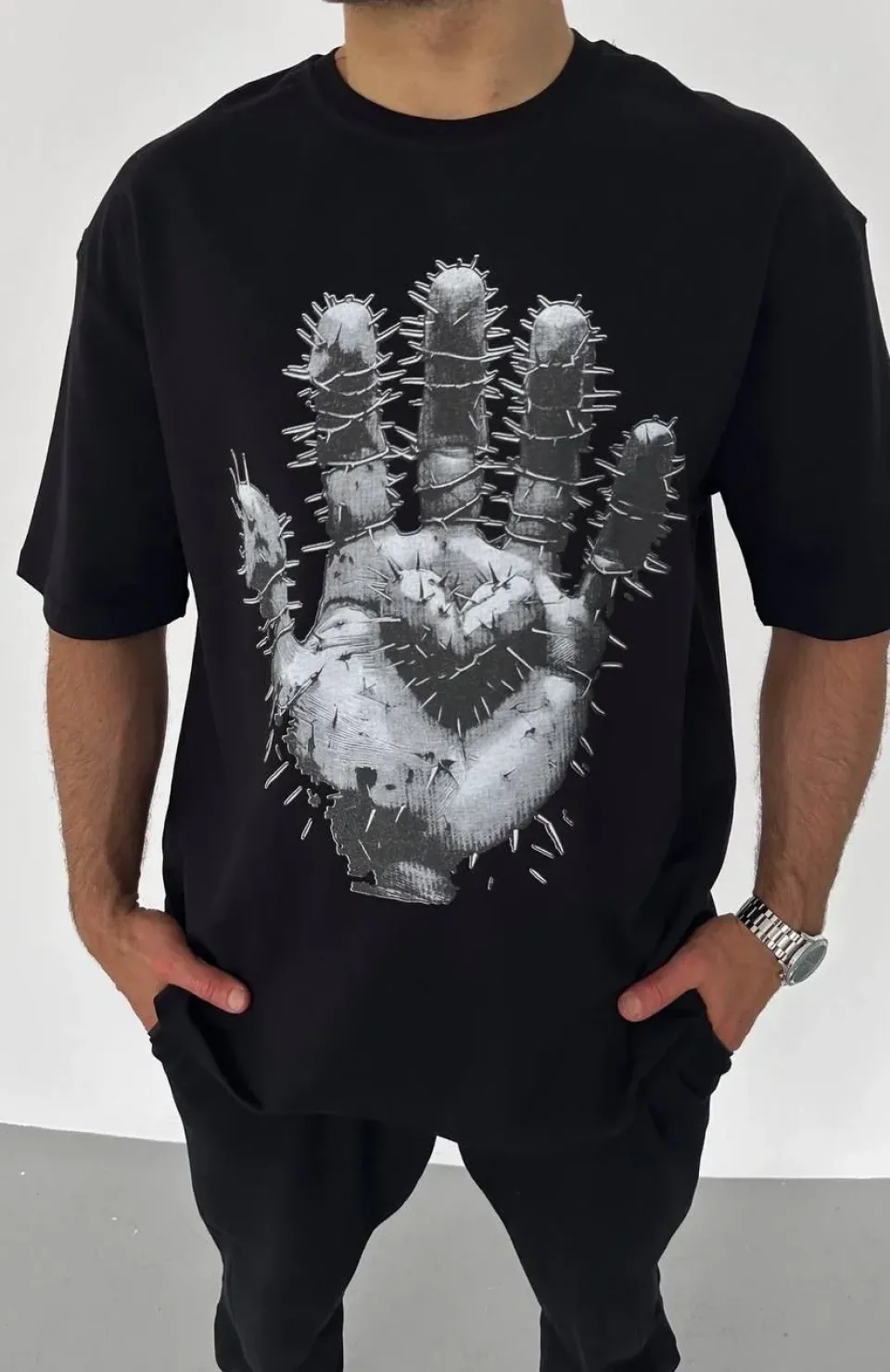 Unisex Bisiklet Yaka Baskılı Oversize T-Shirt - Siyah