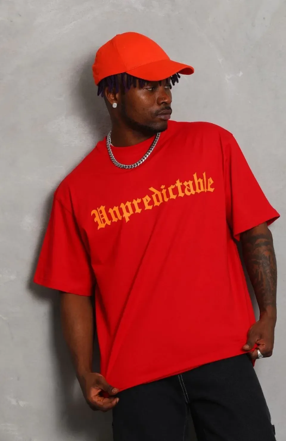 Unisex Oversize Baskılı Bisiklet Yaka T-Shirt - Kırmızı