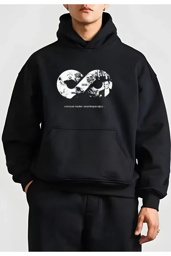 10 Kasıma Özel Üç İplik Kapüşonlu Baskılı SweatShirt - Siyah