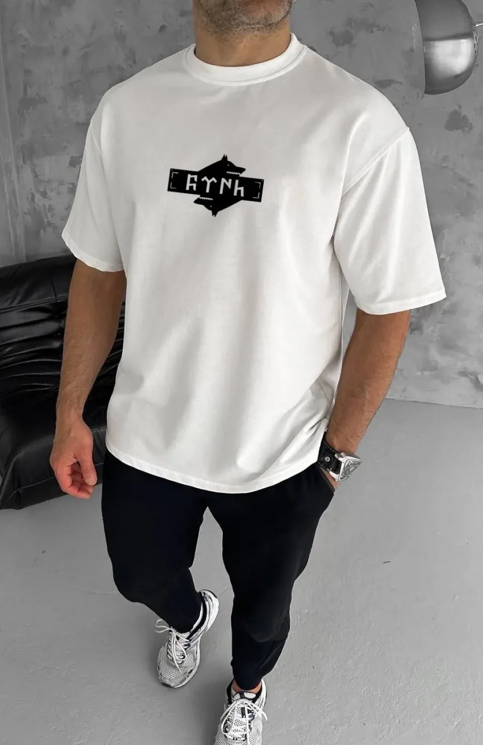 Unisex Bisiklet Yaka Baskılı Double Oversize T-Shirt - Beyaz