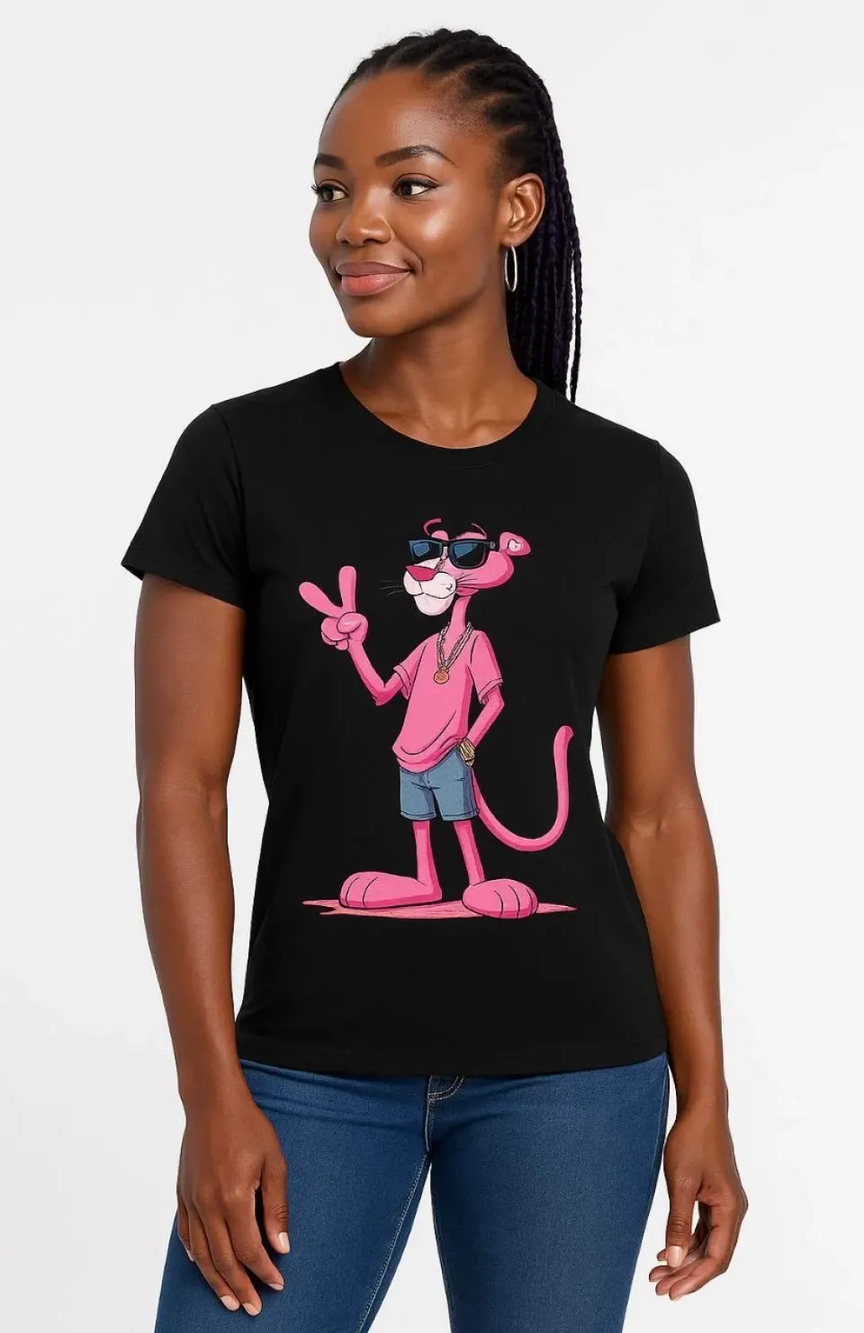 Kadın Bisiklet Yaka Kısa Kollu Baskılı T-shirt - Siyah