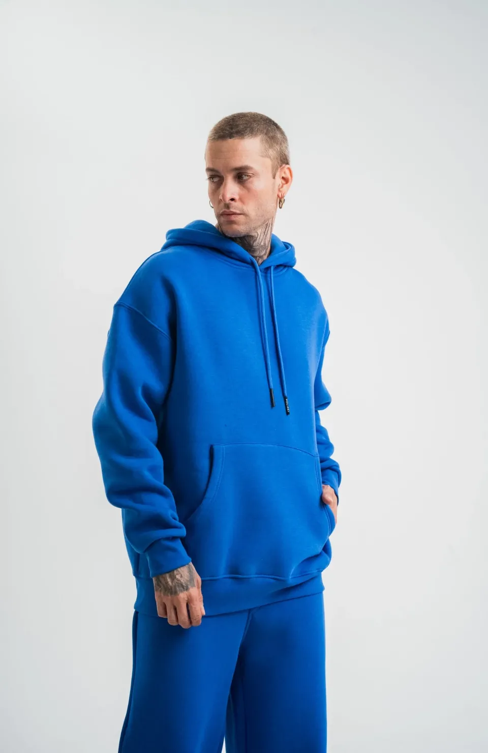 Unisex Double Oversize Kapşonlu Basic SweatShirt - Mavi