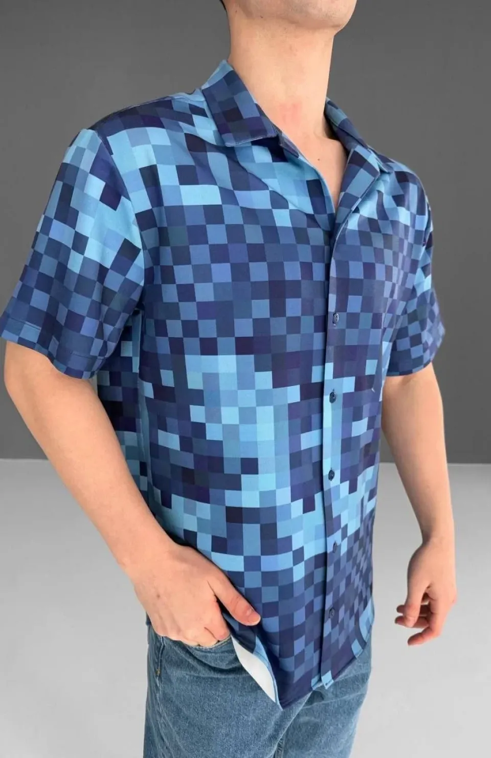 İki İplik Kumaş Baskılı Gömlek - Mavi