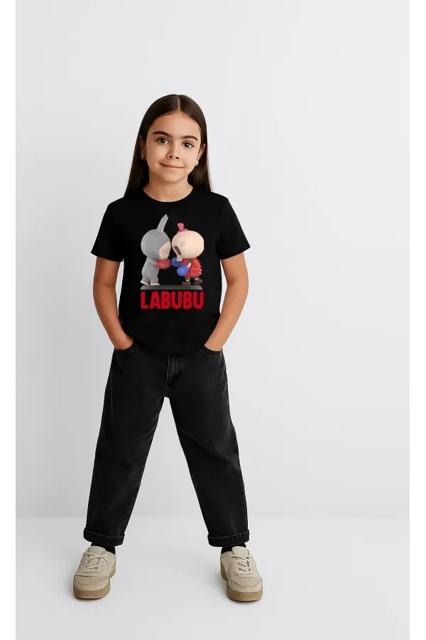 Kız Labubu Çocuk Baskılı T-Shirt - Siyah