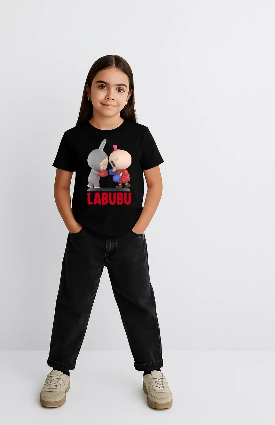 Kız Labubu Çocuk Baskılı T-Shirt - Siyah