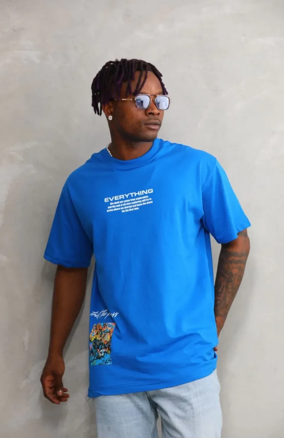 Unisex Bisiklet Yaka Baskılı Oversize T-Shirt - Mavi