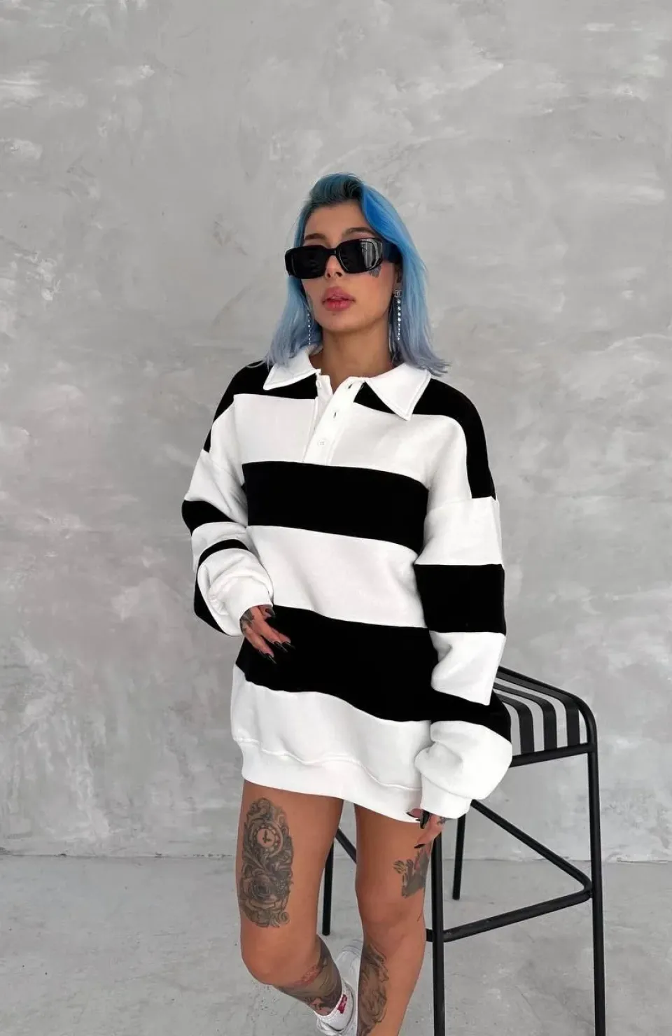 Unisex Üç İplik Parçalı Yakalı SweatShirt - Siyah