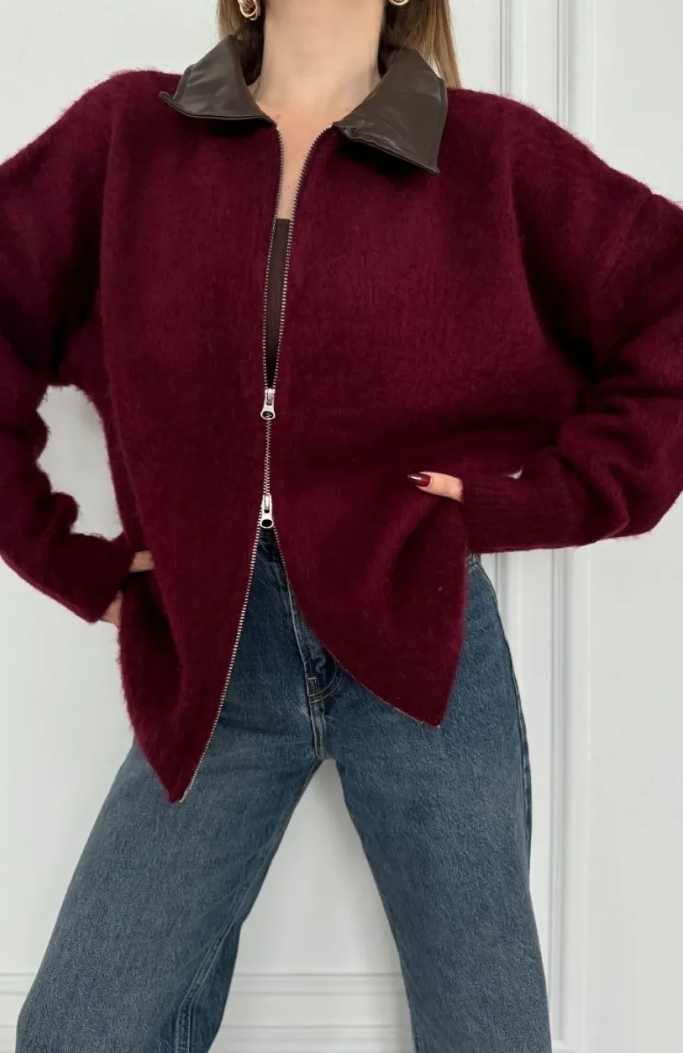 Deri Yakalı Pamuk dokulu Çift Taraflı Çalışan Fermuar Ceket - Bordo
